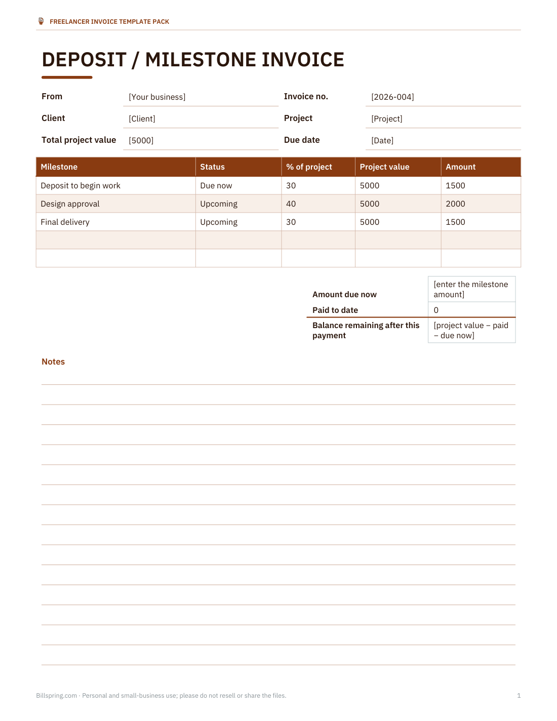 Preview of the first page of Deposit & milestone invoice