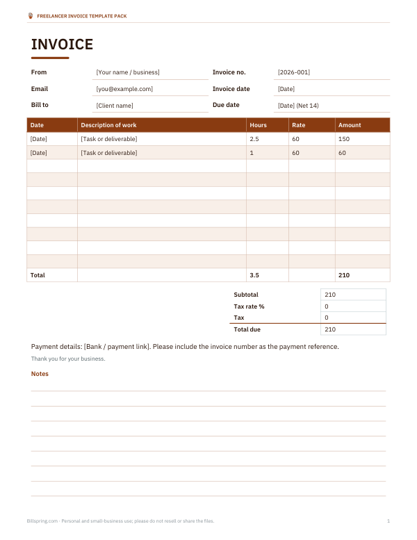 Preview of Printable Hourly Invoice Template