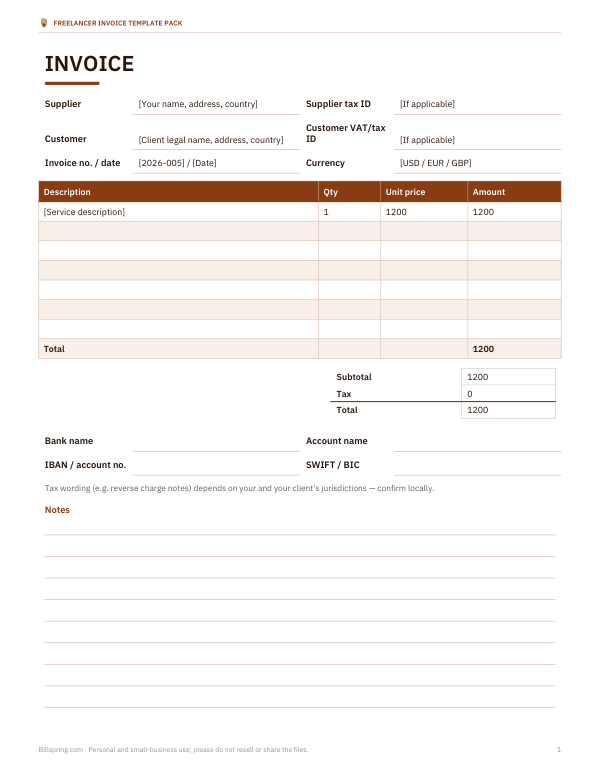 Preview of Printable International Invoice Template