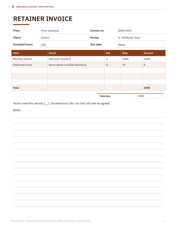 Preview of Monthly Retainer Invoice Template