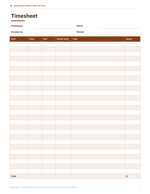 Preview of Printable Freelancer Timesheet Attachment